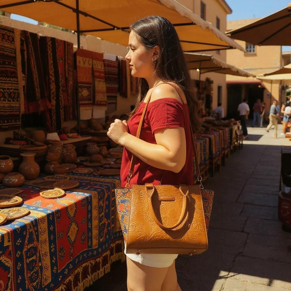 Floral Cork Cognac Brown Embossed Tooled Artisan LEATHER Hobo Bag Purse Tote - Picture 3 of 11
